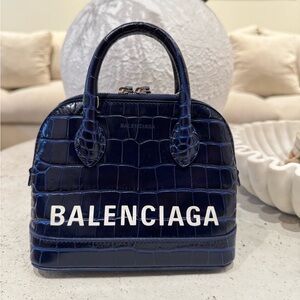 AUTHENTIC - Balenciaga Dark Blue Croc-Embossed Mini Bag